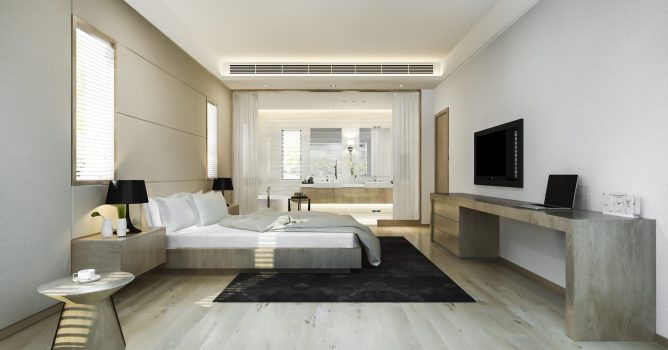 3d rendering modern luxury bedroom suite and bathroom